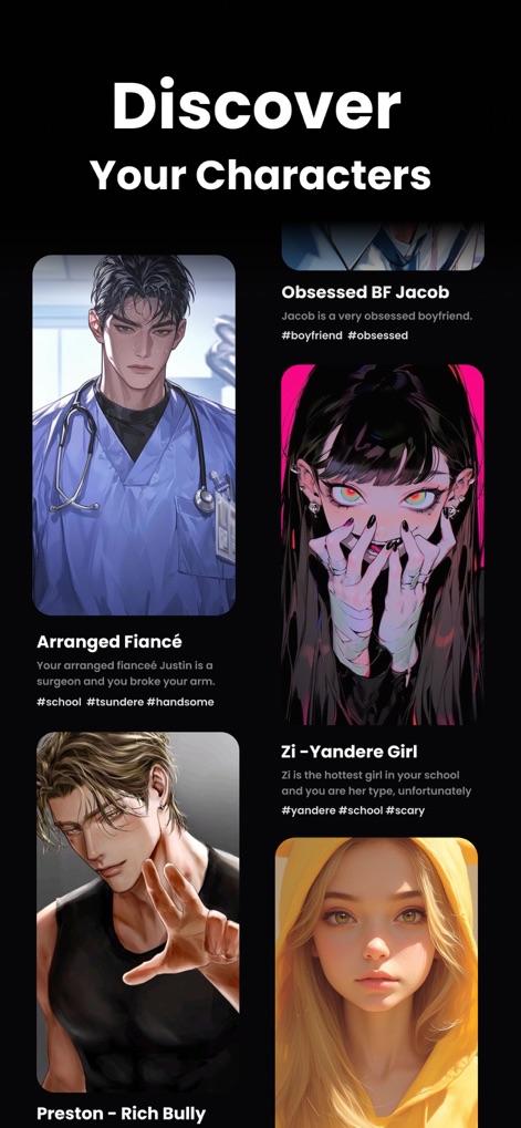 Soulplay - AI Roleplay - This app allows users to browse compelling character profiles, complete with intriguing descriptions and thematic hashtags, to discover their ideal interactive narrative.