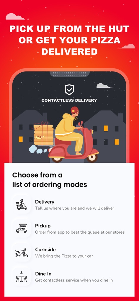 Pizza Hut KSA - Order Food Now - Esta ferramenta oferece diversas modalidades de recebimento, incluindo "Delivery" para entrega em casa e "Curbside" para retirada no carro.