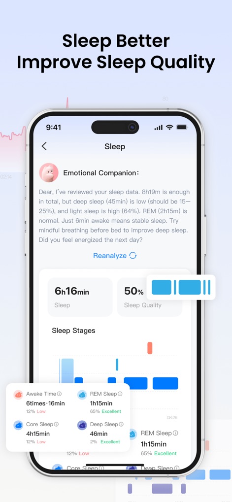 PulseBuddy AI: Stress Monitor - Los usuarios obtienen un análisis detallado de su sueño, incluyendo la "duración del sueño" y el desglose de "etapas del sueño" como REM y profundo, para mejorar el descanso.