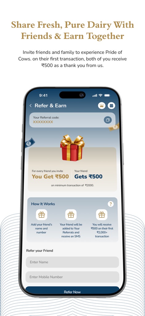 Pride of Cows - ユーザーは紹介コード（X: XXXXXXXX）を使って友人を招待し、双方に報酬（Y: 双方に¥500）が与えられる紹介プログラムを通じて、簡単に特典を獲得できます。