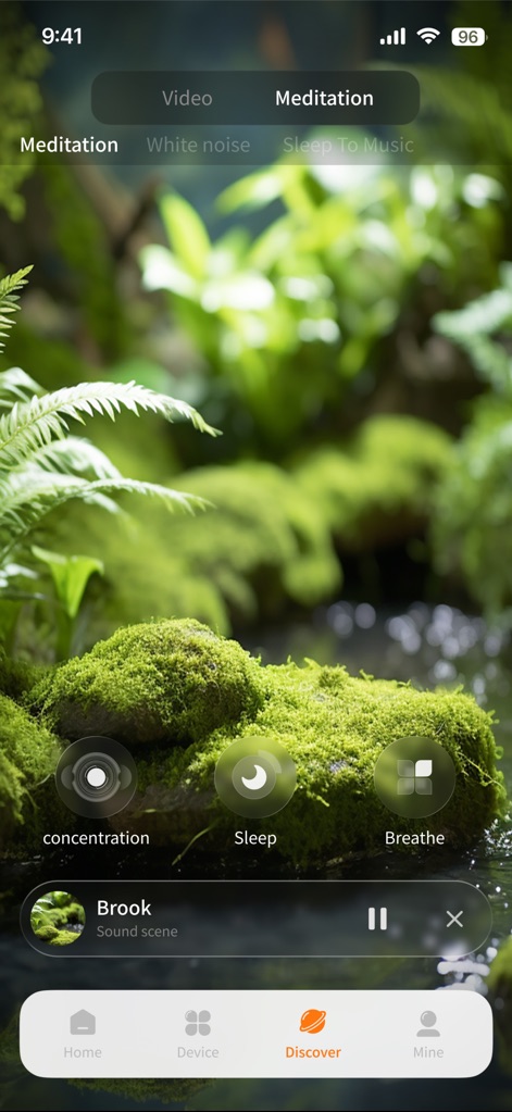 Gs Fit - Within the 'Discover' section, users find various wellness modules like 'Meditation' and 'White noise,' complete with interactive elements for 'concentration' and 'Breathe' exercises in a calming visual environment.