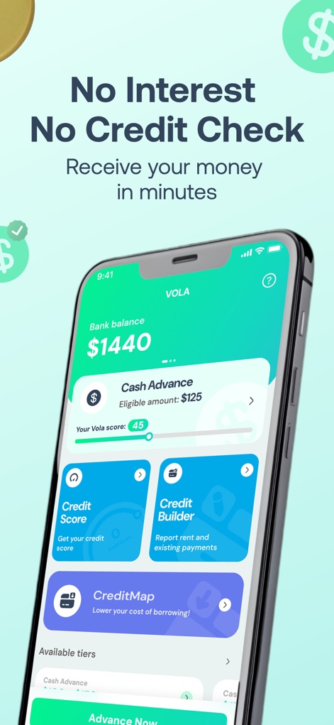 Vola: Cash Advance & Credit - The app presents an eligible cash advance amount instantly and offers various credit-building options like the 'Credit Builder' and 'CreditMap' to empower users.