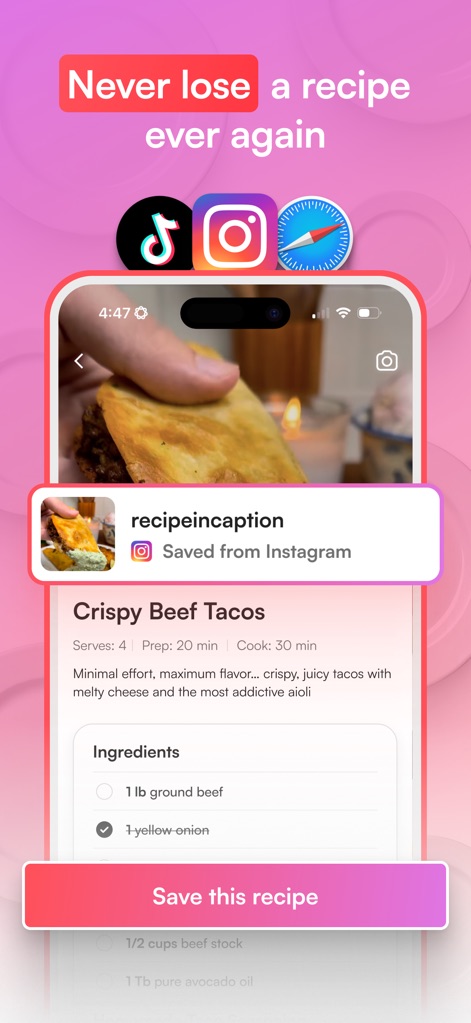 Osta: Save & Share Recipes - Discover how Osta seamlessly imports recipes from popular platforms like Instagram and TikTok, presenting them with a clear ingredient list for easy saving.