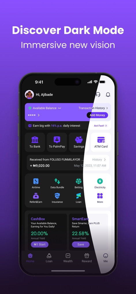 PalmPay - Transfers, Bills - Users can personalize their interface with "Dark Mode", providing an "immersive new vision" for sections like "Available Balance" and "Transaction History".