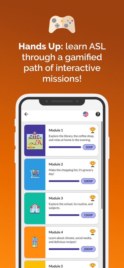 Hand Talk: ASL Sign Language - A plataforma engaja os usuários com módulos de aprendizado interativos e um sistema de pontos de experiência (XP), tornando a jornada de aprendizado mais dinâmica e recompensadora.