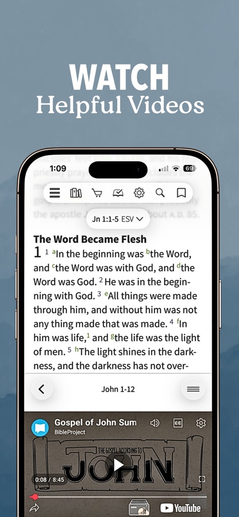 Bible App - Read & Study Daily - Enhance understanding with integrated educational videos, such as "Gospel of John Sum" from BibleProject, displayed conveniently below the corresponding scripture text.