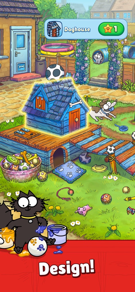 Simon's Cat Match! - Design personalized spaces, such as the doghouse shown, using customizable home elements with Simon's Cat playfully assisting the painting process.