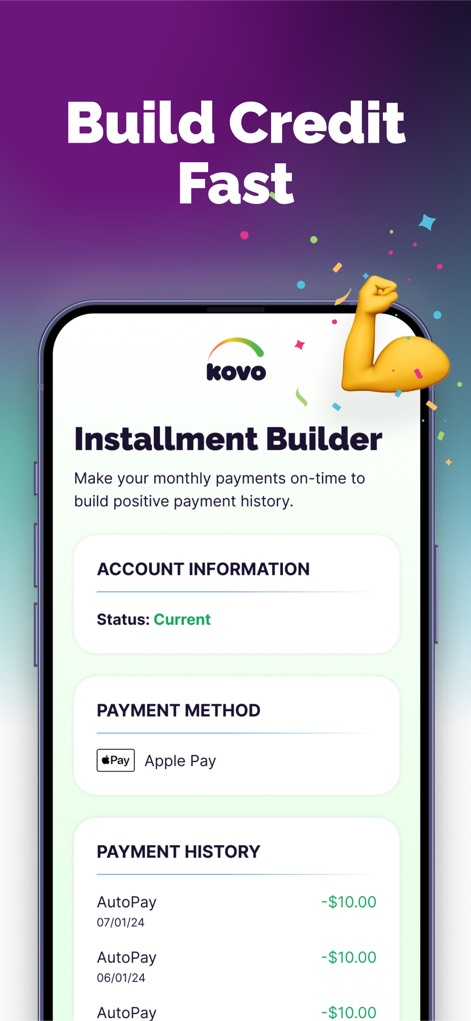 Kovo - Fast Credit Builder - Les utilisateurs découvrent l'"Installment Builder", un moyen clair de gérer les paiements, avec une "historique de paiement" détaillé affichant les transactions de "-$10.00".