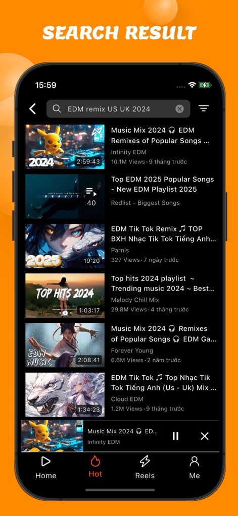 OneTube: Music & Video Player - Effortlessly find content using the advanced search bar, which displays results with clear video thumbnails and detailed descriptions for easy selection.