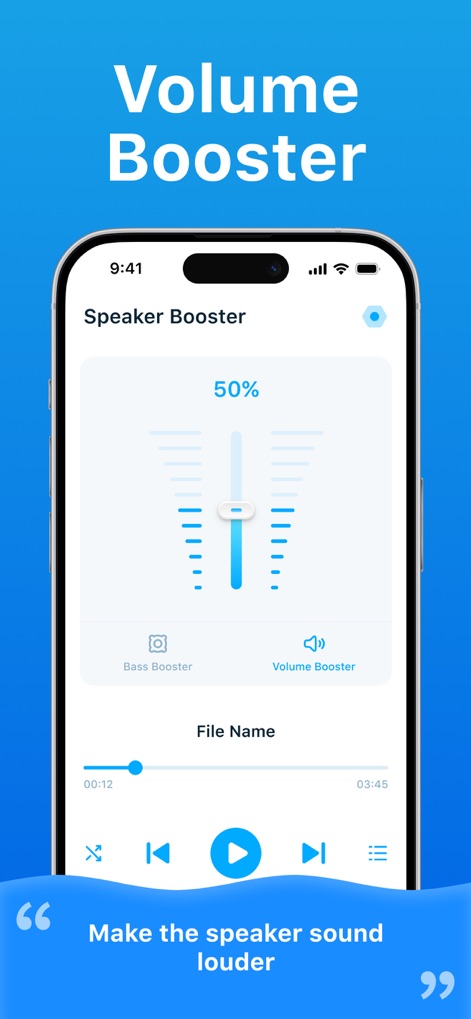 Clear Wave : Speaker Test - Los usuarios pueden ajustar el nivel del volumen con un deslizador vertical, que muestra un 50% de incremento, y acceder rápidamente a la pestaña de 'Volume Booster' para mejorar la salida de audio.