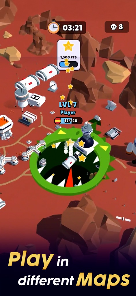 Hole.io - L'app offre diversi scenari di gioco, come questo paesaggio marziano roccioso, dove gli utenti possono dominare la scena con skin uniche, come il buco ispirato a 'Godzilla'.