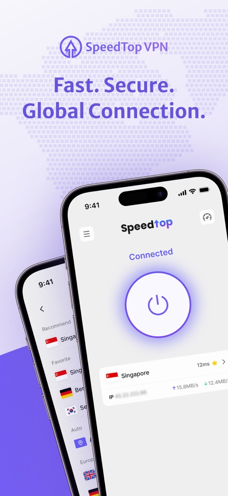 SpeedTop VPN: Fast & Secure - Discover the app's clean interface, highlighting the prominent one-tap connect/disconnect button and the clear display of the connected server location and real-time data transfer.