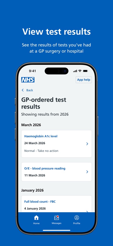 NHS App - Users gain access to their "GP-ordered test results," presented clearly by date with specific details like "Haemoglobin A1c level" and "Full blood count - FBC".