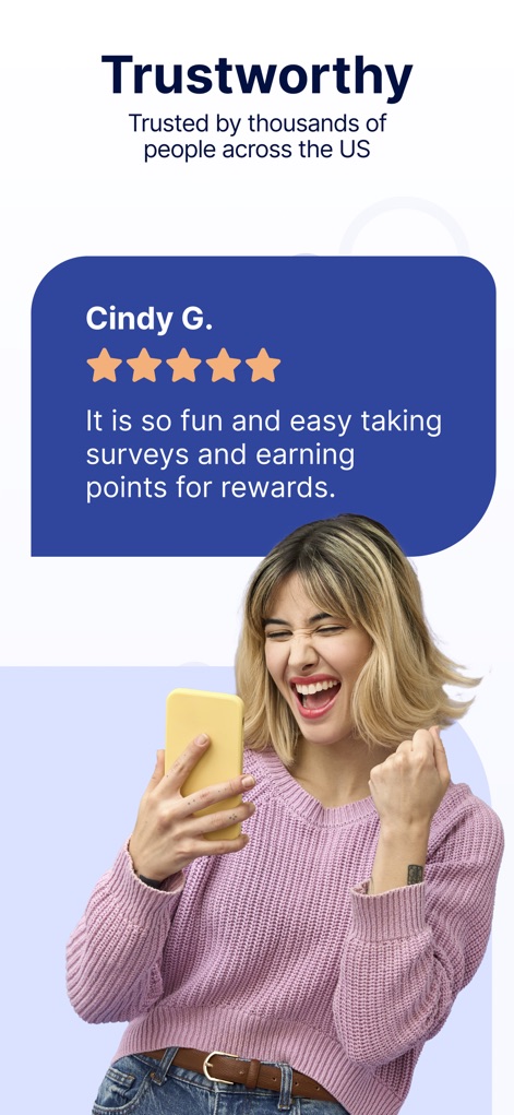 Ipsos iSay: Take Paid Surveys - L'affidabilità dell'app è confermata dalle recensioni positive, come le '5 stelle' di 'Cindy G.' e la reazione entusiasta della donna che festeggia un risultato sullo smartphone.