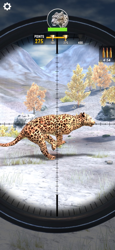 Sniper Shooter Wild - The app delivers breathtaking snowy mountain landscapes and close-up sniper scope views for precise targeting of elusive animals like the leopard.