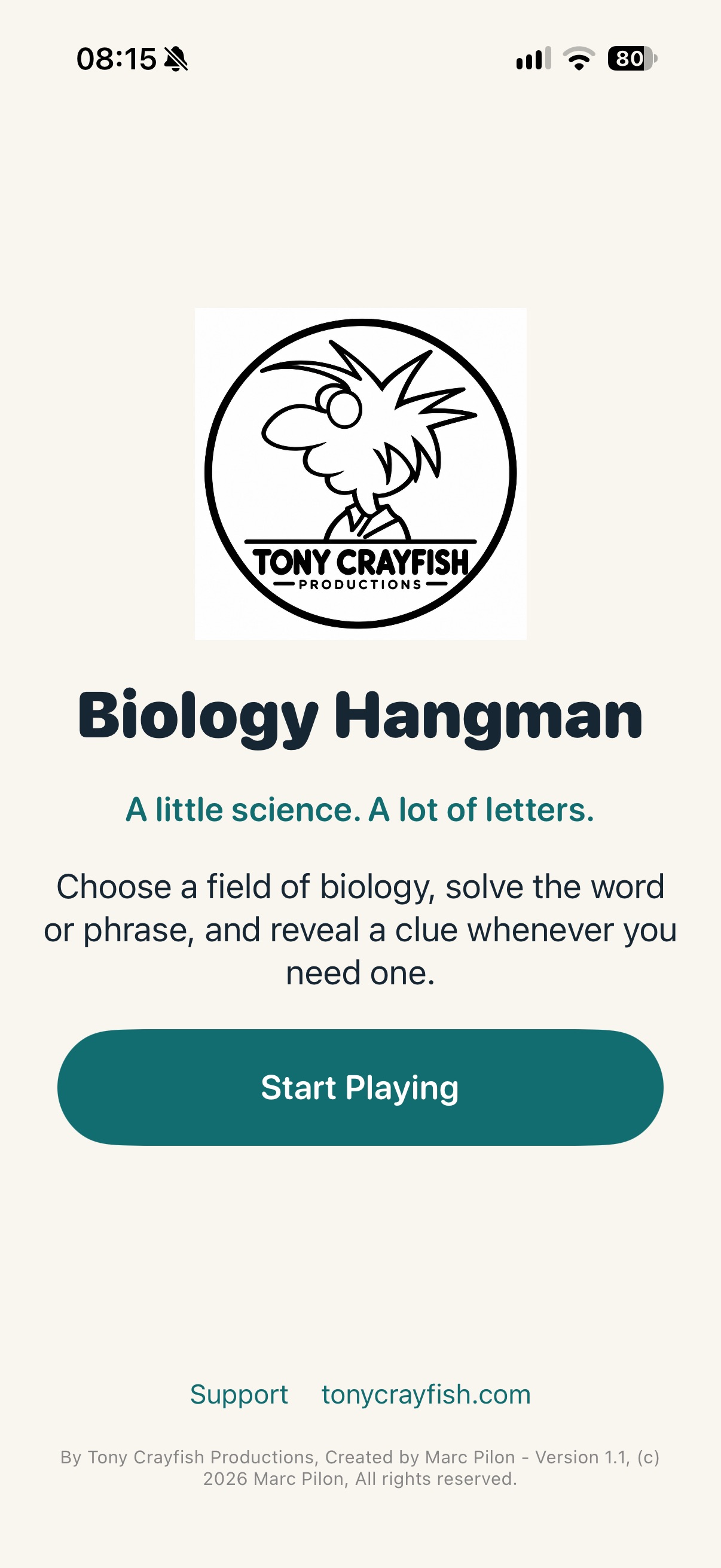 Screenshot 1 of Tony Crayfish Biology Hangman