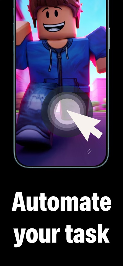 Auto Click - Auto Clicker app - A captura de tela ilustra a capacidade de automação do aplicativo em jogos, mostrando um cursor virtual performando um clique em um personagem animado, otimizando tarefas repetitivas.