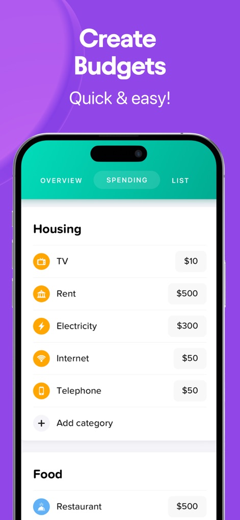 Buddy: Budget Planner App - L'application permet une personnalisation aisée des budgets via l'ajout de catégories et un aperçu détaillé des dépenses itemisées.