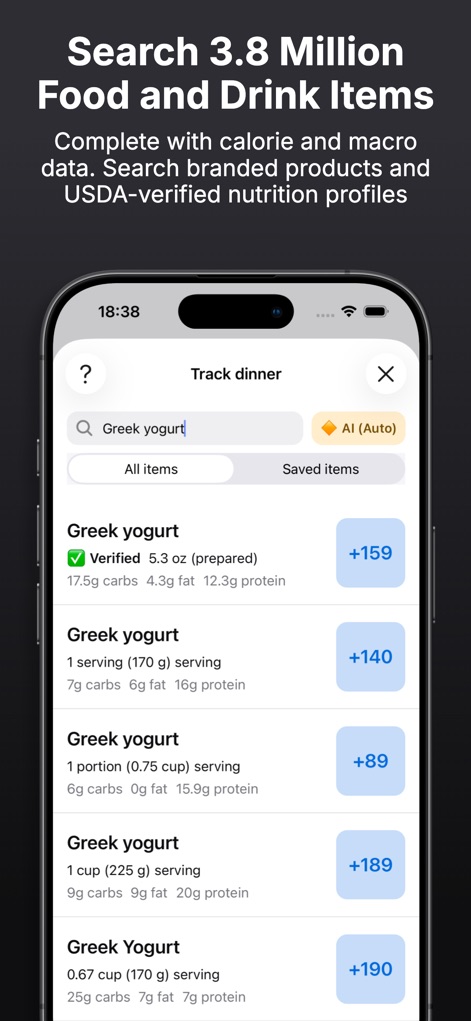 Gym Geek Calorie Counter - Explore the extensive food database with search results displaying various serving sizes and calorie counts, complemented by 'AI (Auto)' and 'Verified' labels for enhanced accuracy.
