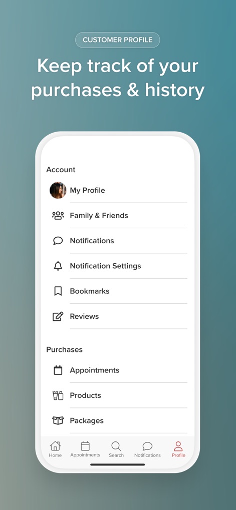 Vagaro - The app offers a comprehensive user profile with sections for managing 'Bookmarks' and 'Reviews,' alongside a detailed history of 'Appointments' and 'Products'.