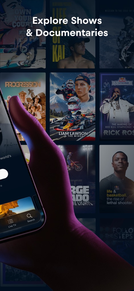 Red Bull TV: Watch Live Events - Explore the app's comprehensive content library, showcasing a wide array of shows and documentaries with distinct cover art and an intuitive bottom navigation for 'Live TV' and 'Search'.