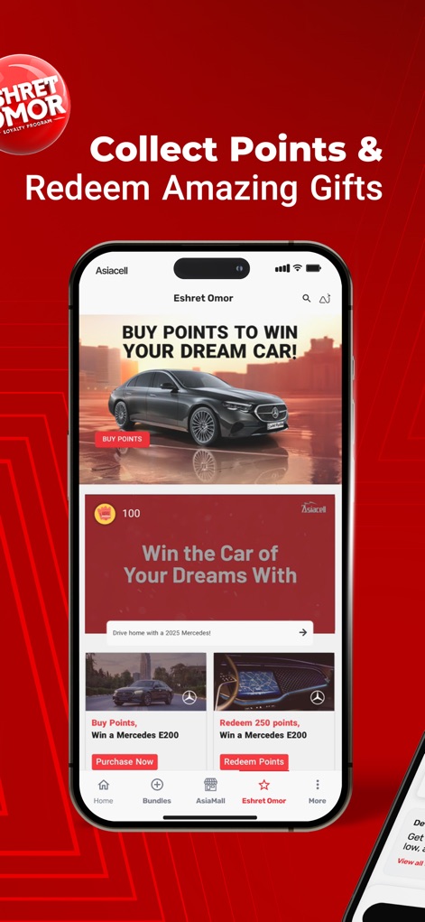 Asiacell - The 'Eshret Omor' loyalty program offers engaging incentives, enabling users to 'buy points' and participate in exciting contests like 'winning a dream car'.