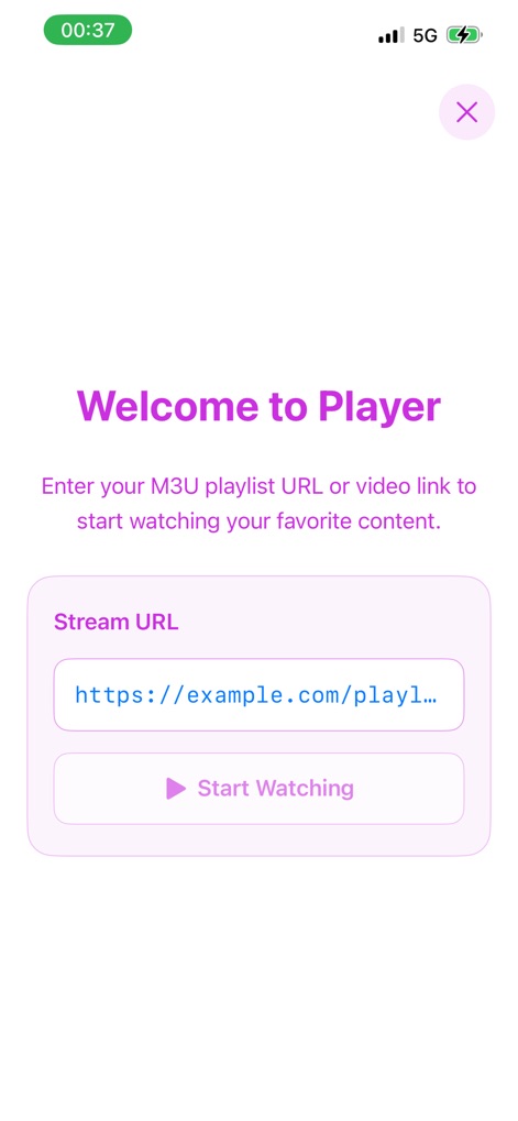 MadPlay Pro - The dedicated player interface features a clear 'Stream URL' input field and a prominent 'Start Watching' button, enabling direct M3U8 link playback.