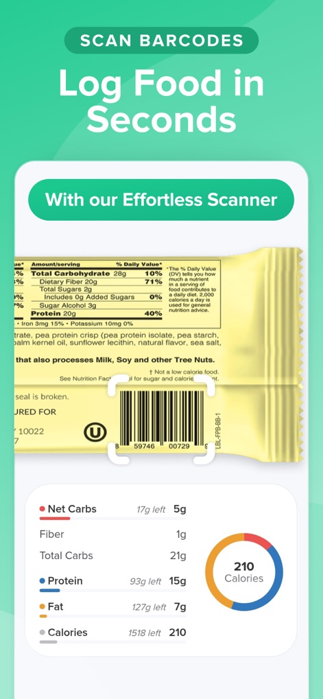 Carb Manager—Keto Diet Tracker - Observe the app's seamless barcode scanning function and the instant display of a product's full nutrition label.