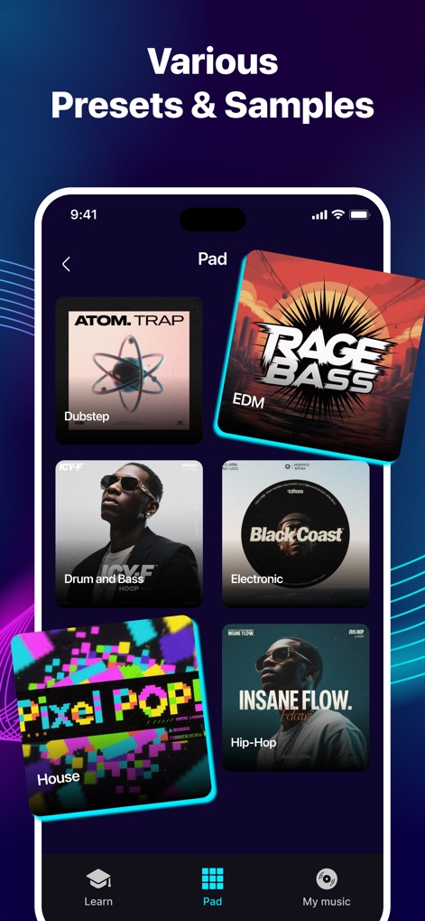 Music Pads: Beat Maker Machine - Explorez une sélection impressionnante de préréglages et d'échantillons classés par genre, avec des pochettes distinctives comme 'ATOM.TRAP' et 'RAGE BASS', facilement accessibles depuis l'onglet 'Pad'.
