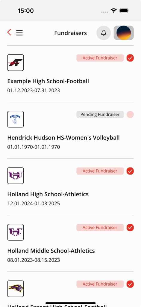 RAISE365 - This view lists various fundraisers, clearly indicating their status as 'Active Fundraiser' or 'Pending Fundraiser' alongside the affiliated school or team names.