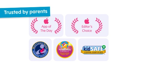 Sago Mini First Words: Kids 1+ - Review the app's esteemed credentials, including the 'kidSAFE COPPA CERTIFIED' badge and multiple awards such as 'App of The Day' and 'Editor's Choice', reassuring parents of its quality and safety.