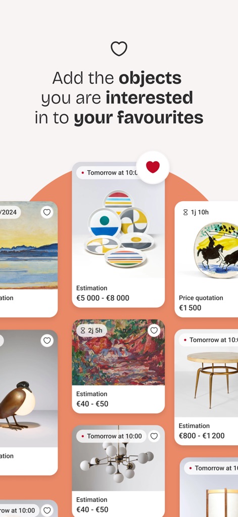 Interencheres - Online sales - Users can easily curate a personalized collection by adding objects of interest to their 'favourites' list, indicated by the prominent heart icons on each item card.