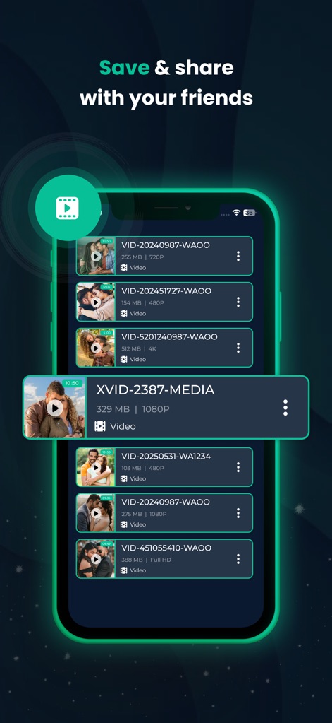 X Video Downloader - HD Player - Se aprecia la sección de vídeos listados con sus resoluciones y tamaños específicos, junto a un icono de acción verde que facilita el compartir contenido.