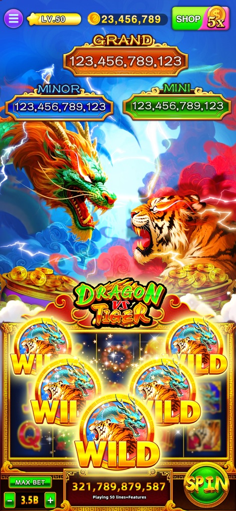 Lucky Jackpot Slots Casino - The app showcases the "Dragon vs Tiger" slot theme, featuring dynamic animated mythical creatures and prominent "WILD" symbols for increased win potential.