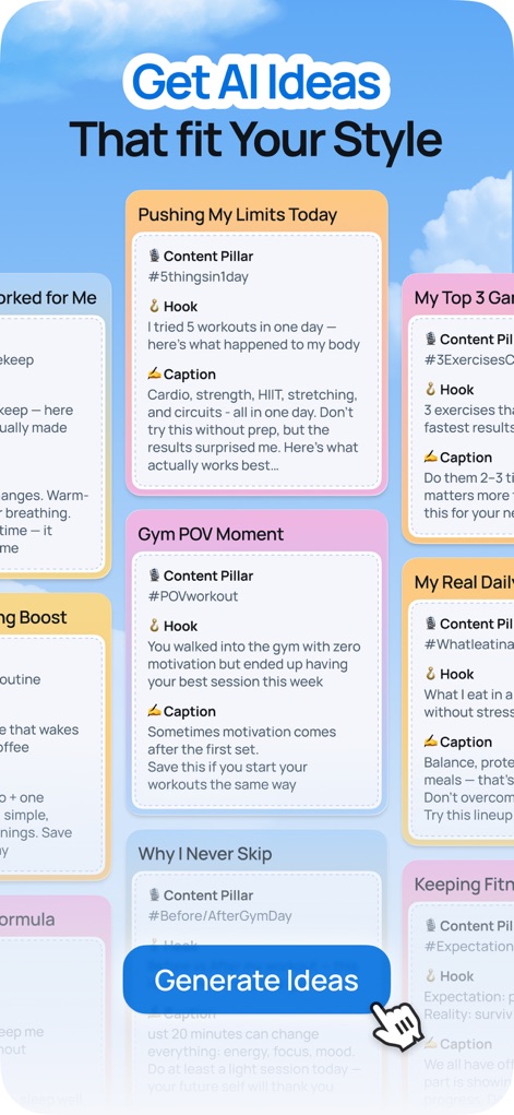 Trendy Profile Tracker & Boost - 사용자는 다양한 '콘텐츠 기둥'과 '후크'가 포함된 AI 생성 아이디어 카드들을 탐색하며 자신의 스타일에 맞는 영감을 얻고, '아이디어 생성' 버튼을 통해 더 많은 제안을 받아볼 수 있습니다.