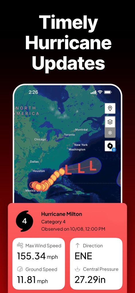 SKAI - NOAA Weather Radar - The app provides critical insights with precise hurricane path predictions and real-time details on max wind speed and central pressure.