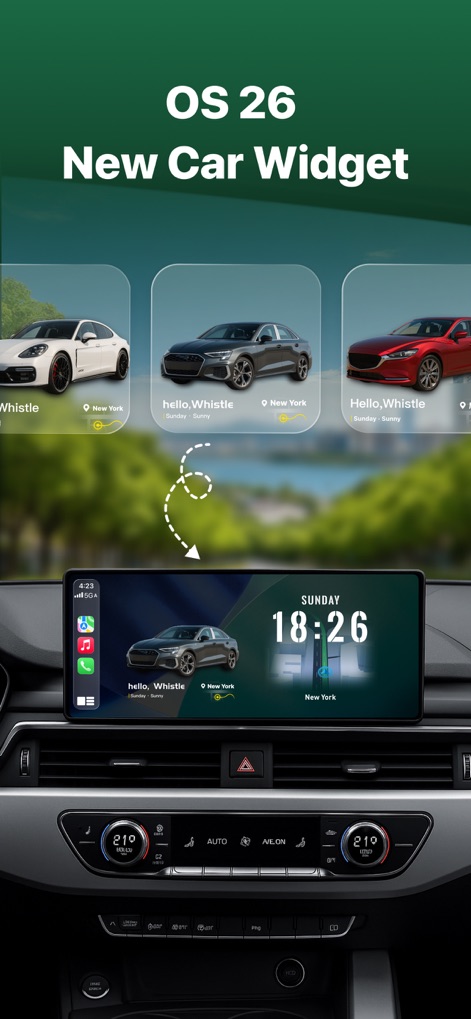 MyCar Widgets - PlayLyrics - This tool demonstrates the fluid integration of OS 26 widgets, showcasing customizable car model displays and real-time dashboard information.