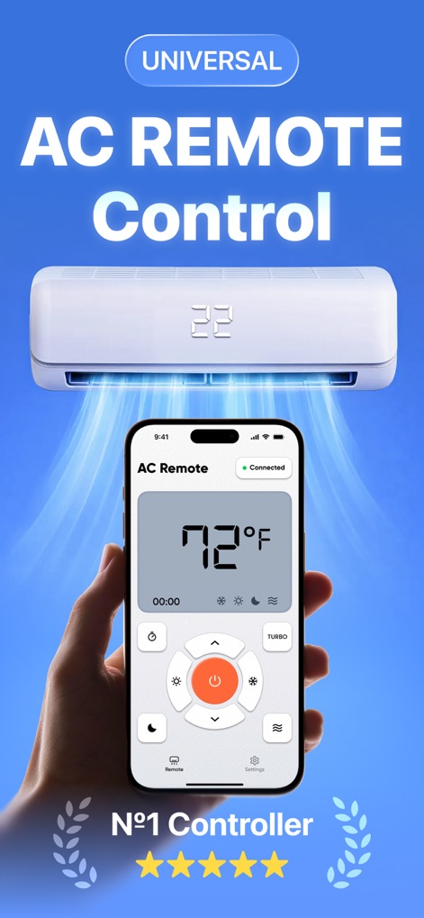 AC Remote: Universal Control. - See how the app displays a clear temperature setting of 72°F and a prominent central power button for intuitive control.