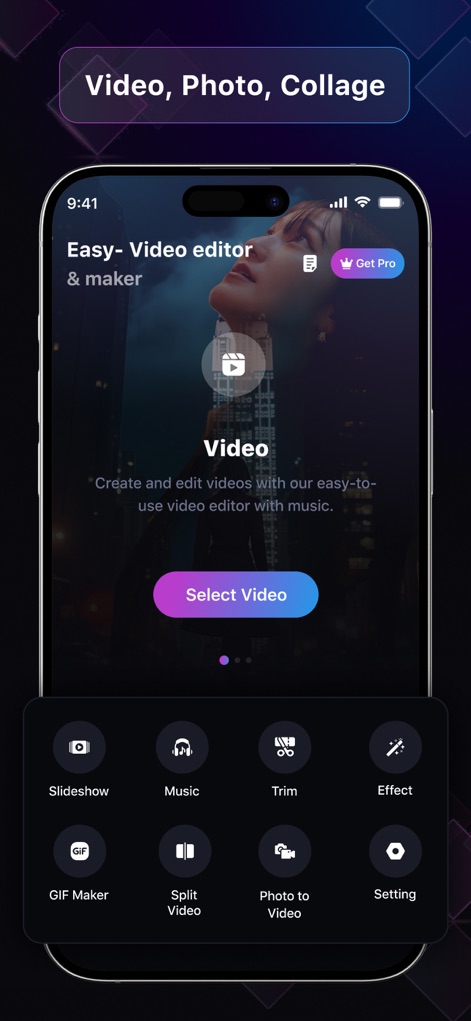 EasyCut : Video Editor & Maker - このアプリは、動画、写真、コラージュ制作のための直感的なホーム画面を提供し、ユーザーはスライドショーの作成やGIFアニメーションの生成といった多様なツールにアクセスできます。