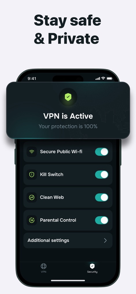 Guru VPN: Super Fast Unlimited - This screenshot highlights the app's comprehensive security features, displaying a prominent "VPN is Active" confirmation and essential toggles like 'Kill Switch' and 'Parental Control' for enhanced privacy.