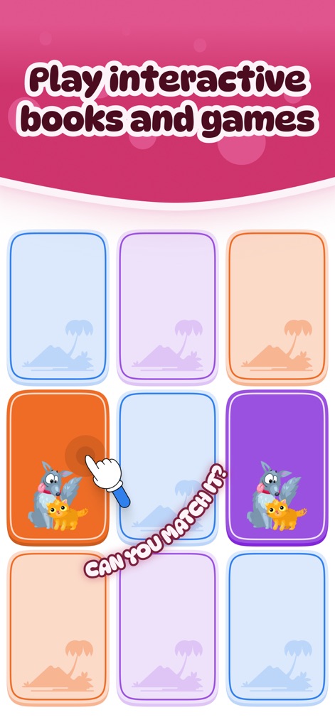 Dinolingo Kids Learn Languages - The platform offers captivating game-based learning, such as a memory matching activity where users are challenged to "CAN YOU MATCH IT!" using colorful hidden cards.