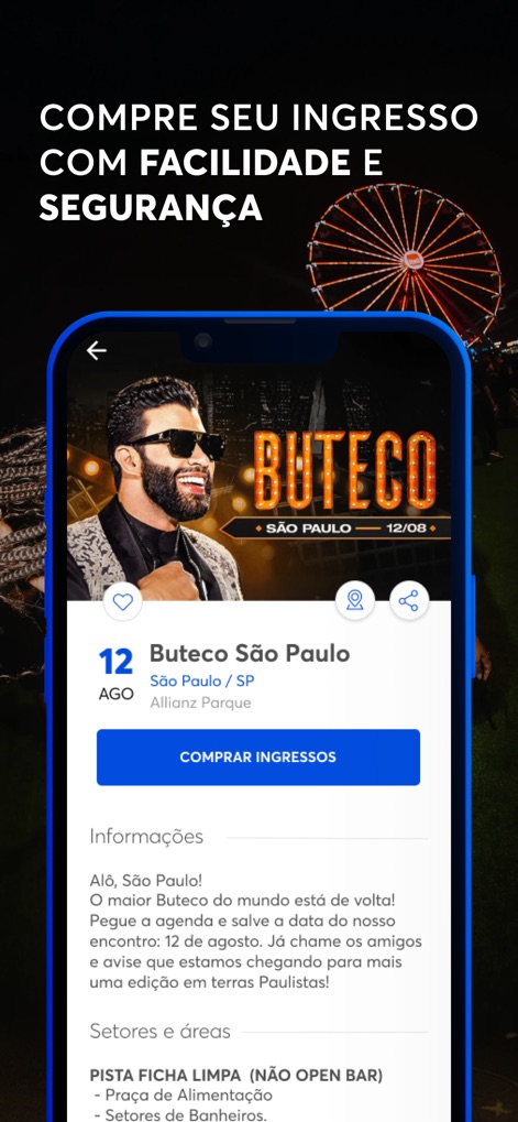 BaladAPP - Os detalhes do evento são apresentados de forma clara, incluindo a **imagem do evento** e informações como o local "Allianz Parque", culminando em um botão intuitivo para **comprar ingressos**.