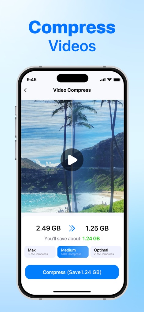 AI Cleaner:Clean Phone Storage - Aquí se ilustra la funcionalidad de compresión de videos, una herramienta clave para ahorrar espacio sin comprometer la calidad. Los usuarios pueden apreciar la comparación de tamaños de archivo, como el cambio de '2.49 GB' a '1.25 GB', y seleccionar opciones de compresión como 'Medium 50% Compress'.