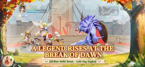 Ragnarok Origin: ROO - Esta tela mostra uma batalha de guilda épica contra um monstro cristalino imponente, enfatizando a ação cooperativa e o início da Loki Cup.