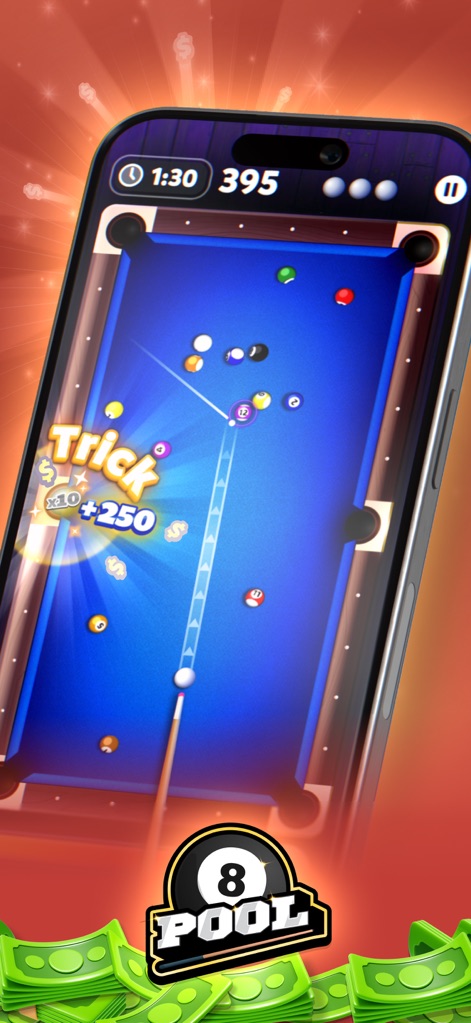 Blitz - Win Cash - This image highlights precise 8-Ball Pool gameplay, featuring a rewarding "Trick" shot bonus and an active game timer.