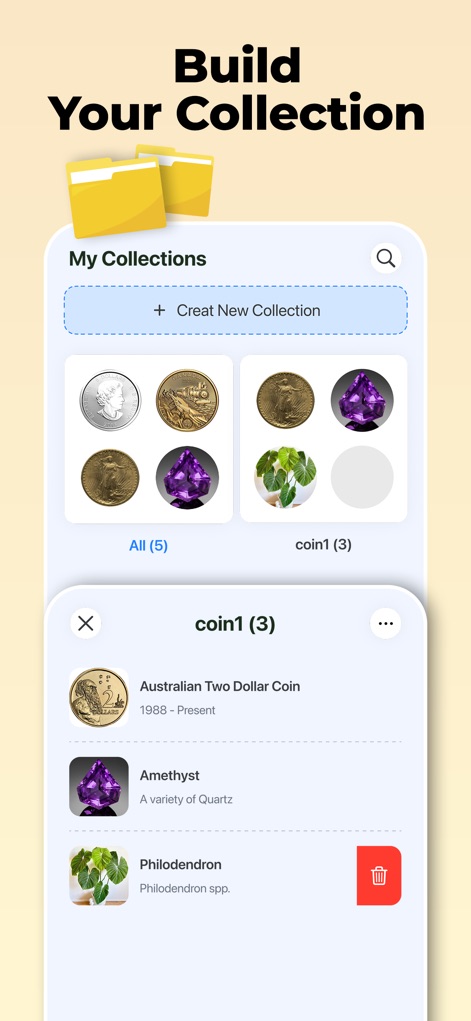 Lens AI: Scan & Identify All - The app empowers users to build and manage their personal collections, as demonstrated by the 'Create New Collection' feature and the detailed item listings for identified coins, gems, and plants.