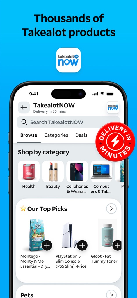 Mr D - Groceries & Takeaway - Os usuários podem navegar por uma vasta gama de produtos da TakealotNOW, com categorias claras e um distintivo de "DELIVERY IN MINUTES" prometendo rapidez na entrega.