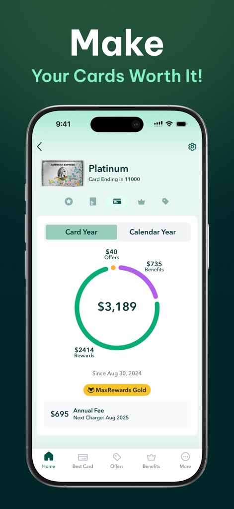 MaxRewards: Rewards & Cashback - The app visually represents a card's annual value, showing "Rewards" and "Benefits" against the "Annual Fee" with a clear circle graph.
