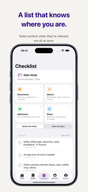 Personalised moving checklist showing upcoming tasks