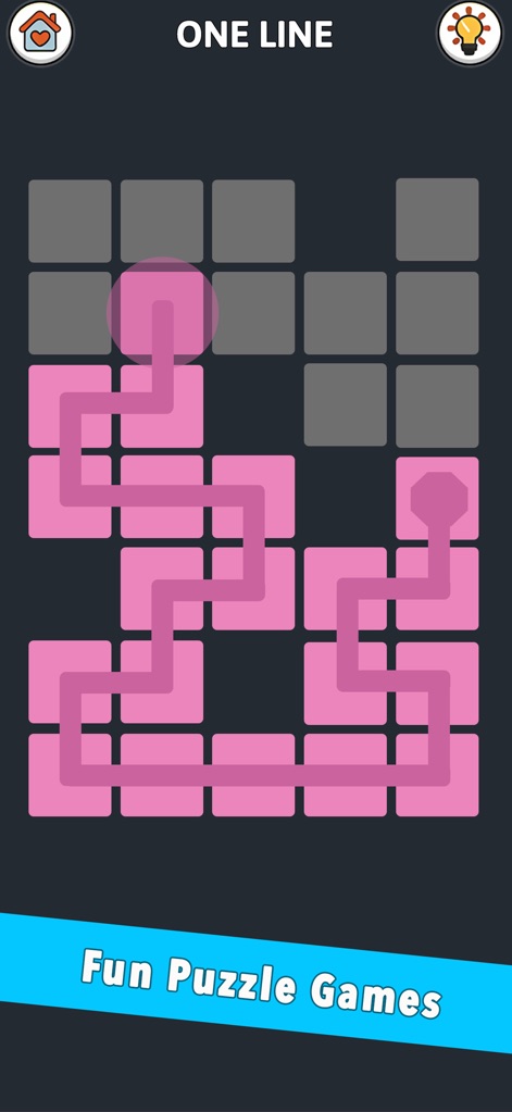 TicTack Challenge: Mini Games - This image reveals the "ONE LINE" puzzle, where players connect points with a single continuous pink line, emphasizing its minimalist grid design and engaging challenge.
